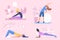Active sportive girls do morning exercises, fitness at home flat character vector illustration set