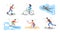 Active Sports Concept. Characters Roller Skating, Riding Bicycle, Going Diving, Surfing, Playing Volleyball And