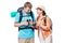 Active travelers with backpacks, girl with camera