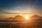 Active volcano Mount Gunung Batur at sunrise in Bali, Indonesia.