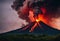 an active volcano spews smoke and red smoke from it