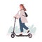 Active young woman riding electric walk scooter. Modern female character driving eco urban transport. Colored flat