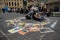 Activist protesters at animals right protest in busy city centre wearing animal masks to highligh cruelty and promote vegan vegani