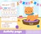 Activity page for kids with cute kitten pet. Educational children game. Worksheet test with cat. Words and numbers, counting.