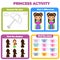 Activity page for kids. Educational children game set for girls. Princess theme