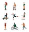 Activity people. Urban riding active lifestyle person on electric scooters rollers bikes vehicles garish vector flat