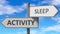 Activity and sleep as a choice - pictured as words Activity, sleep on road signs to show that when a person makes decision he can