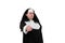 Actor in a nunÂ´s costume pointing with finger