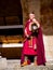 Actor in Roman soldier costume at history site Roman Bath, UK