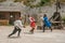 Actors doing a theatrical staging as medieval fighters in the castle of Baux-de-Provence.