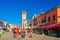 Actors take part in film shooting, mass scene movie making in street of historical town centre Chioggia