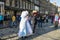 Actors in the Titanic costume at the Royal Mile of Edinburgh at Fringe festival 13. August 2019