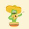 Ð¡actus in a sombrero with a guitar in a pot. Picture with a white outline on a yellow background