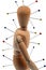 Acupuncture concept with wooden mannequin on white background
