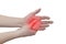 Acute pain in a man palm. Female holding hand to spot of palm-ache..Concept photo with Color Enhanced blue skin with read spot in