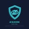 Ad blocking neon thin line icon: eye crossed out on shield. Modern vector illustration