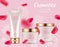 AD cosmetics poster. Realistic cream packaging, flying roses petals. Vector cosmetic background