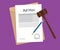 Ad hoc text on stamped paperwork illustration with judge hammer and folder document with purple background