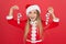 Add more decorations. Christmas decorating ideas. Child Santa Claus costume hold christmas candy cane. Create unique