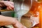 Add water into flour making dough fresh ingredients meal preparation