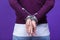 Addiction Concepts. Female Woman in Purple Pullover Posing With Bound Behind Hands With Computer Network Cable Cord Standing