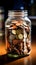 Adding change to euro filled jar, womans paper bill poised for contribution