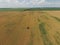 Adding herbicide tractor on the field of ripe wheat. View from above.