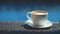 Adding sugar to cup of cappuccino on wicker table with blue water background
