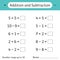 Addition and Subtraction. Number range up to 10. Math worksheet for kids. Developing numeracy skills. Solve examples and write.