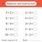 Addition and Subtraction. Number range up to 10. Math worksheet for kids. Solve examples and write the answers. Mathematics