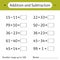 Addition and Subtraction. Number range up to 100. Math worksheet for kids. Developing numeracy skills. Solve examples and write.