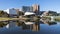 Adelaide cityscape reflecting in the river torrens in adelaide south australia on april 2nd 2021