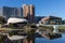 Adelaide cityscape reflecting in the river torrens in adelaide south australia on april 2nd 2021