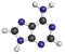 Adenine (A, Adenine) purine nucleobase molecule. Base present in DNA and RNA. Atoms are represented as spheres with conventional