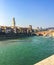 Adige River and fortified bridge Verona Castel Vecchio Bridge. Verona, Italy