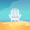 Adirondack chair on the sea beach standing on the yellow sand under the blue cloudy sky