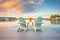 adirondack chairs on a dock facing a tranquil cottage