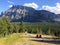 Adirondack chairs overlooking Mount Rundle from Tunnel Mountain viewpoint Banff National Park Alberta Canada, Canadian Rocky Mount