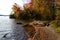 Adirondack lake shoreline during fall foliage splendor