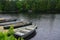 Adirondack Park, New York, USA: Canoes and rowboats tied to a wooden dock