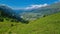 Adishi - A panoramic view on Zhabeshi, a mountain village, located on the bank of the river Mulkhura in Georgia. High Caucasus