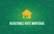 Adjustable rate mortgage white text illustration with yellow house silhouette and green constellation as background