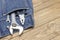 Adjustable wrench and other working tools in jeans pocket