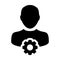 Admin icon vector male person profile avatar with gear cogwheel for settings and configuration in flat color glyph pictogram