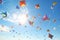 Admire a fleet of colorful kites shaped like
