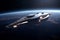 Admire the futuristic elegance of a space cruise