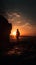 Admiring the Sunset: Silhouette of a Person at Cliff\\\'s Edge. Cinematic View.