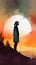 Admiring the Sunset: Silhouette of a Person at Cliff\\\'s Edge. Watercolor Painting for Posters and Web.