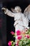 Admonishing angel  in a cemetery with open wings and flowers in the foreground