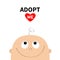 Adopt me. Baby shower greeting card. Kid face looking up. Cute cartoon character. Funny head with hair, eyes, nose, smiling mouth.